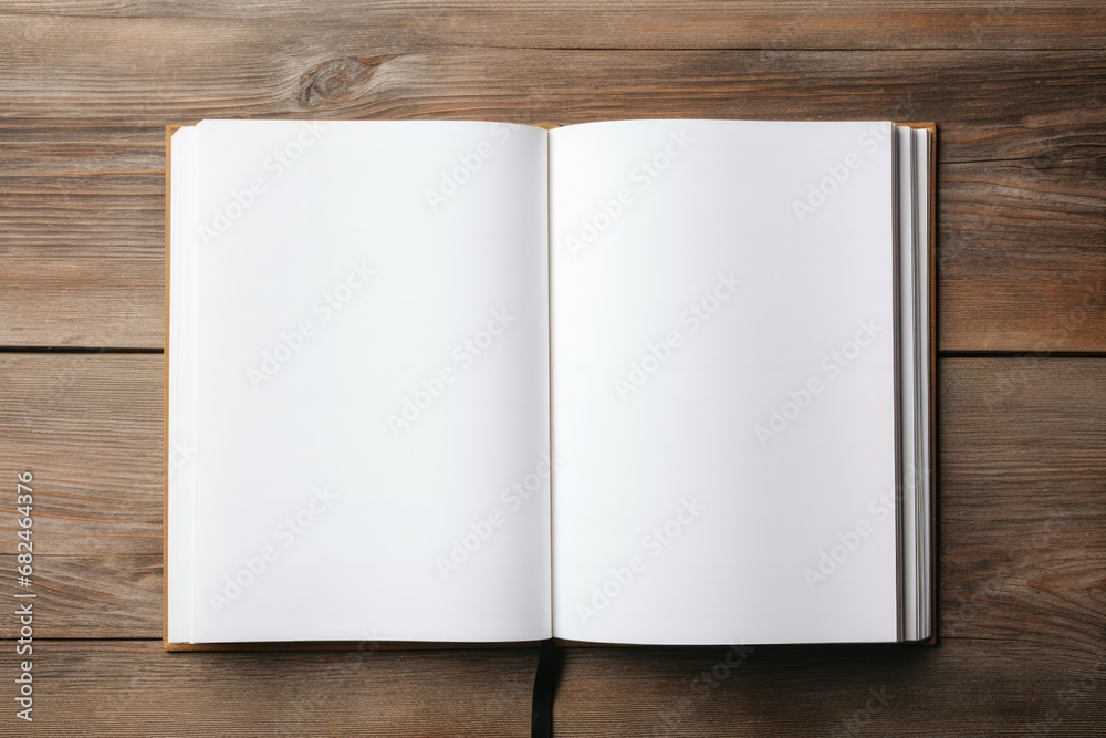 Open empty blank notebook wooden background