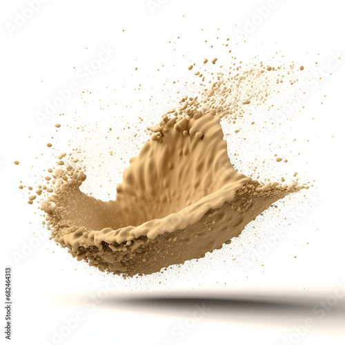 White background .Sand flying explosion, Golden sand wave explode. Abstract sands cloud fly. Yellow colored sand splash throwing in Air.