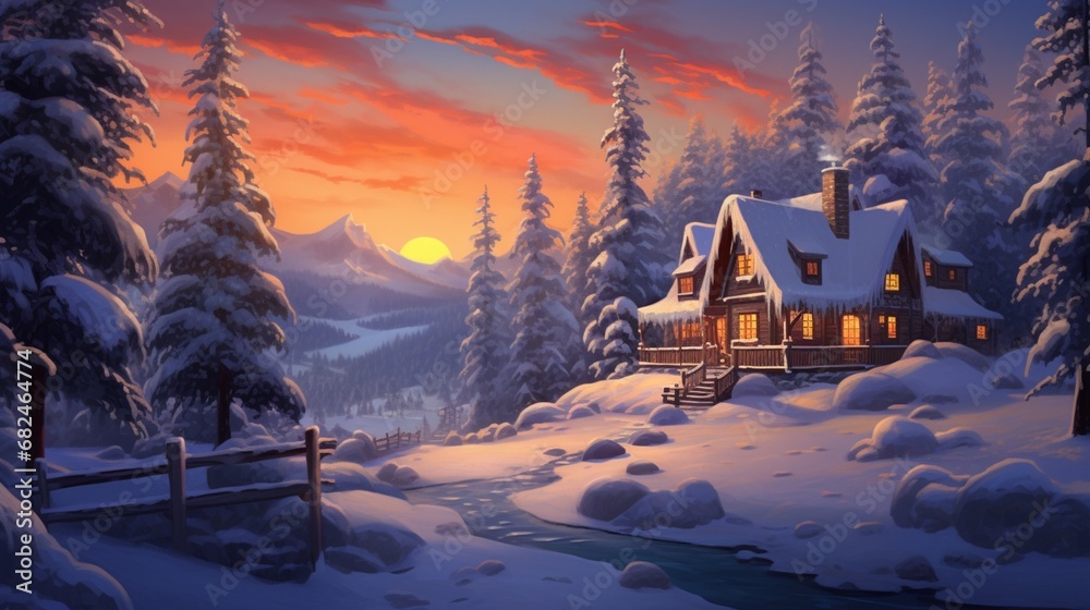A cozy snow-covered cabin with a warm glow emanating from its windows.