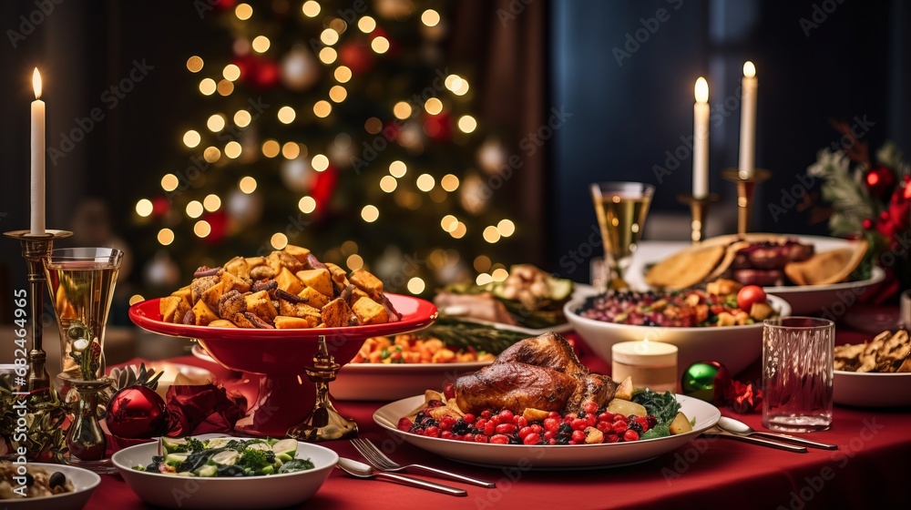Festive Feast. Christmas Dinner Table Overflowing with Delicious Dishes