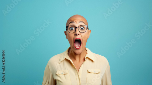 Photo of astonished shocked lady open mouth open wear blue glasses isolated blue color background.