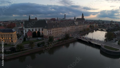 Wroclaw Aerial Drone View of Historic City Riverfront at Sunset