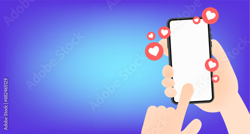 Facebook likes from the phone screen. Flat, color, phone in hand, smartphone screen mockup, social networks, Facebook likes. Vector illustration