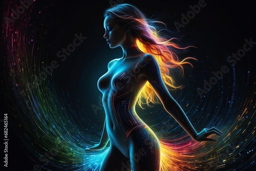 Digital Harmony: Woman in a Vibrant Technological Synthesis