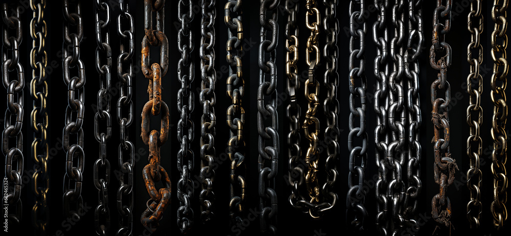 Ultra-wide collage of an intriguing array of hanging chains, each bearing the weathered traces of time, some adorned by a subtle rust patina, expertly juxtaposed against a dramatic black background - obrazy, fototapety, plakaty 