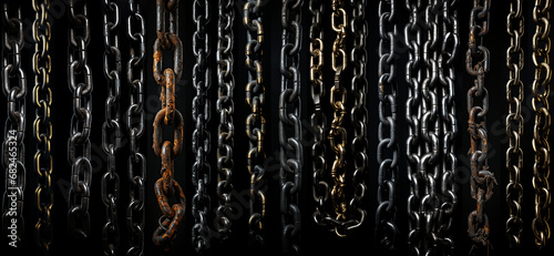 Ultra-wide collage of an intriguing array of hanging chains, each bearing the weathered traces of time, some adorned by a subtle rust patina, expertly juxtaposed against a dramatic black background