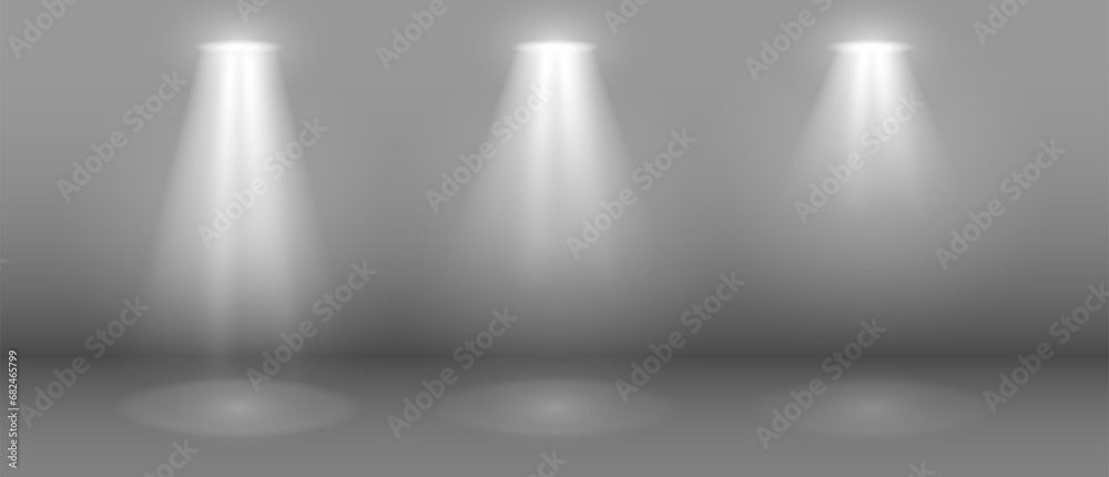A set of glowing white transparent lighting effects on a gray background. Illuminated stage, floodlights. Studio lighting. Vector EPS 10.