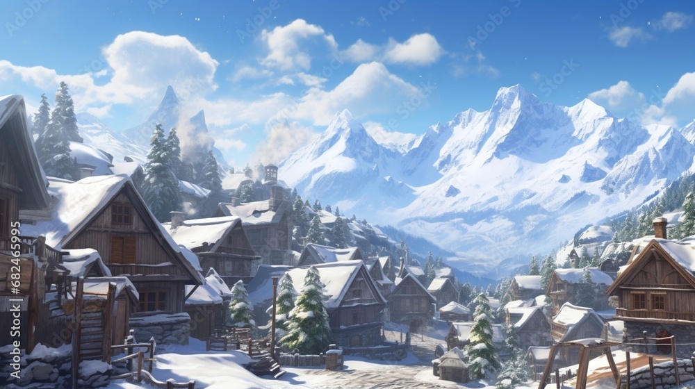 an AI image of a quaint alpine village with snowy rooftops