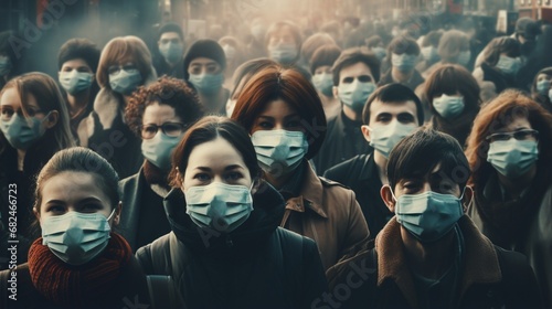A crowd of people wearing masks, symbolizing the impact of a global pandemic. photo
