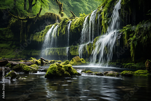 vibrant mystical beauty of waterfall surrounded by lush green moss in gorge, with vibrant greenery, cascading waters, and enchanting atmosphere of this hidden gem
