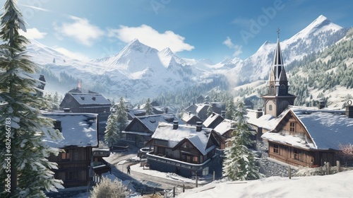 an AI image of a quaint alpine village with snowy rooftops photo
