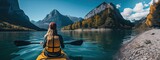 A girl on a yellow canoe is sailing on a mountain lake in calm weather. T Generated by AI.