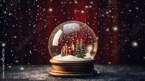 Whimsical Christmas Holidays Snow Globe with Evergreen Trees and Snowfall on Deep Red Background with Twinkle Lights Background Effect - Xmas Decor Theme with Copy Space
