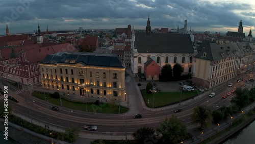 Wroclaw Aerial Drone View of Historic City Riverfront at Twilight 