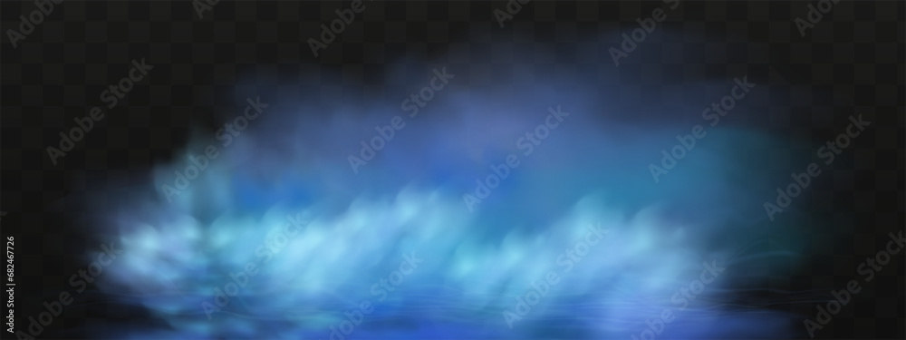 Blue magical fog over the ground.Illustration of night transparent clouds and fog over the river. Realistic neon magic mist steam on a transparent dark background.