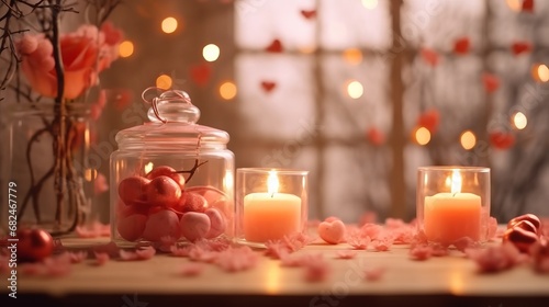 Romantic valentine day background with candles  heart and bokeh