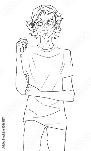 line sketch of guy standing, thinking and waiting. disgruntled angry thin man cartoon character for illustration. depressed boy in t-shirt freehand drawing young male with tunnels and long hair