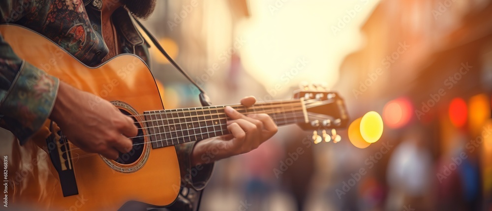Obraz premium Close-Up of Street Musician Playing Guitar with Beautiful Blurred Background