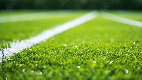 fragment of football field: artificial grass with white lines, sporty background or wallpaper