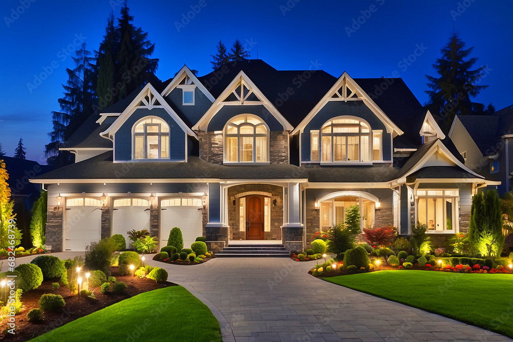 Home Exterior at Night: New Luxury House at Night with Deep Blue Sky, Three Car Garage, Columns, Gables, Green Lawn, Landscaping, and Driveway