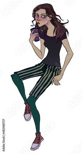 Line drawing of young teenage girl drinking coffee simple flat sketch hand drawn illustration clip art. Striped shorts, sneakers, T-shirt comic style character for sales for animation