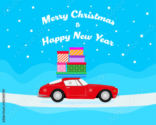 Merry Christmas and New Year design. Christmas car with gift boxes. Color vector illustration in cartoon flat style.