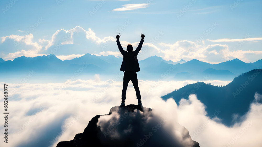 Achieving the Summit: , A person standing on top of a mountain with their arms in the air, silhouette, Embracing Business Success and Freedom with a Victorious Mindset and Habits, Victory - obrazy, fototapety, plakaty 