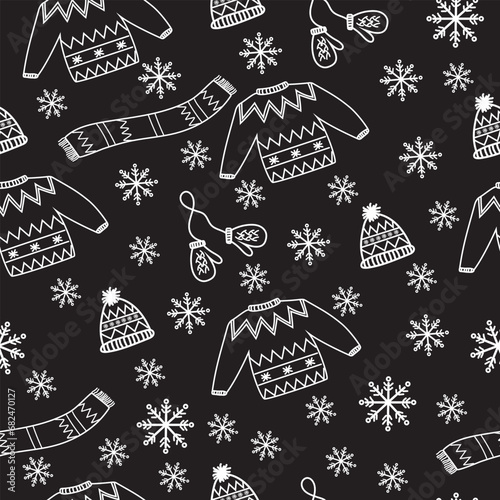 Winter seamless pattern. Warm clothes. Lineart. Christmas and New Year. Vector.