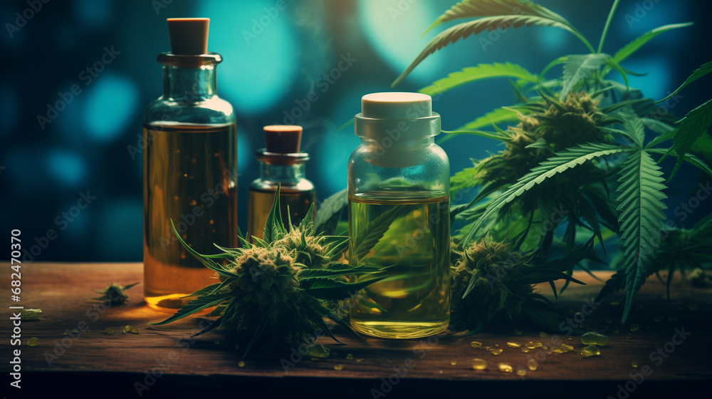 essential oil with herbs, cannabis leaves, marijuana essential oil with herbs, cannabis leaves, marijuana