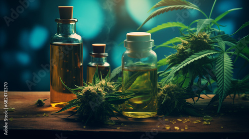 essential oil with herbs, cannabis leaves, marijuana photo