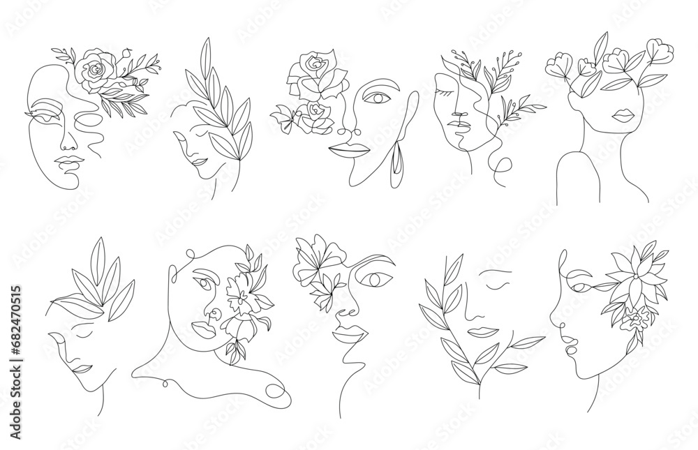 Women face line art design with floral