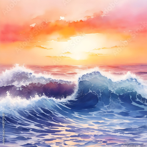 Sunset or sunrise over the sea. Big waves. Bright warm colors. Morning or evening. The beauty of the sea. Seascape, work of art. Vector illustration design