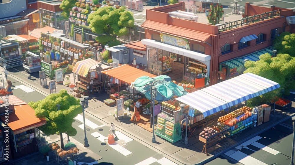 an AI image of a village with modern grocery stores and markets