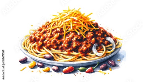 Watercolor of Cincinnati Chili on spaghetti, showcasing the dish's layers and unique spicing, typical of Ohio cuisine.
 photo