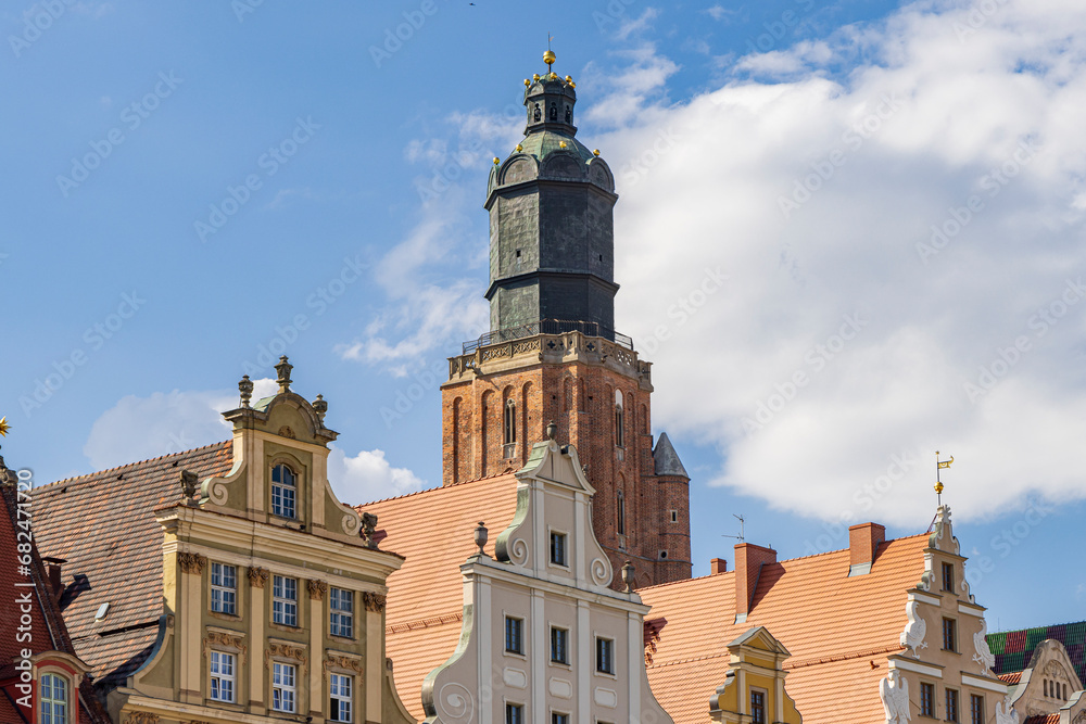 Scenic view of multi colored houses and St Elizabeth Church, Wroclawin Wroclaw historical capital of Silesia in Poland