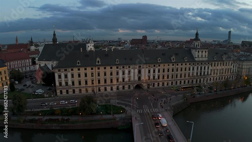 Wroclaw Aerial Drone View of Historic City Riverfront at Twilight 