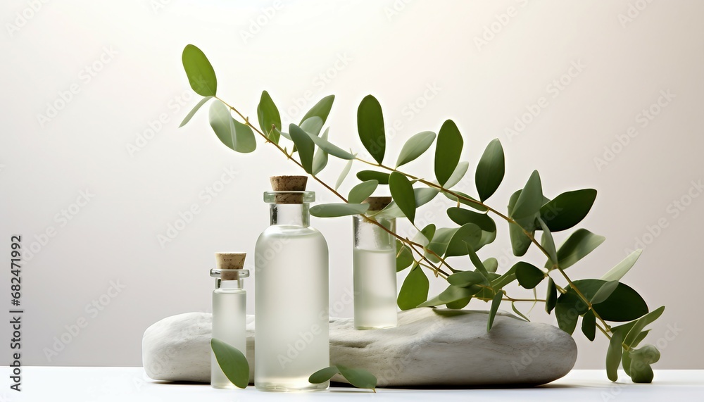 Eucalyptus essential oil in glass bottles with eucalyptus branch on white background Eucalyptus essential oil in glass bottles with eucalyptus branch on white background