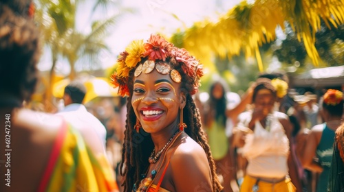 Happy African woman wearing costume during a Caribbean style festival, street party