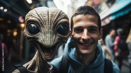 Futuristic portrait of joyful friendly alien, like a tourist is surprised to see the sights of a small European town
