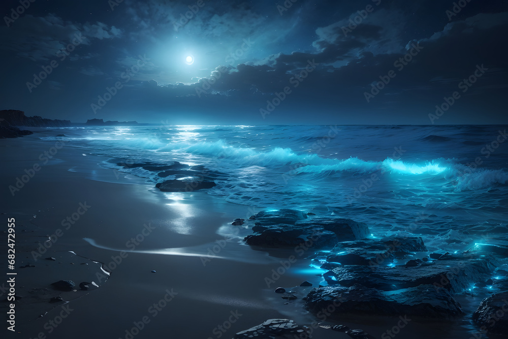Beautiful 3D Sea View with Moon between Clouds in Anime Style