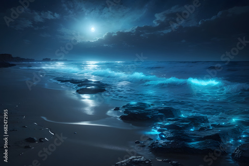 Beautiful 3D Sea View with Moon between Clouds in Anime Style