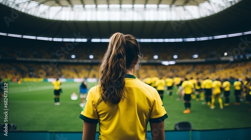 back view of woman player on pitch in Australian team at women's world cup, stadium action in yellow and green attire © Ashi