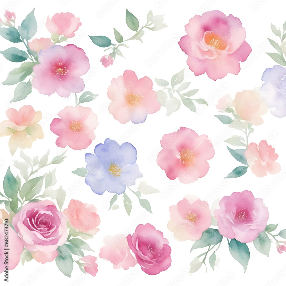 Cute watercolor floral seamless pattern. Colorful floral collection with flowers beautiful bouquet. flowers with pink and blue background. watercolor textured abstract art textile flower design.