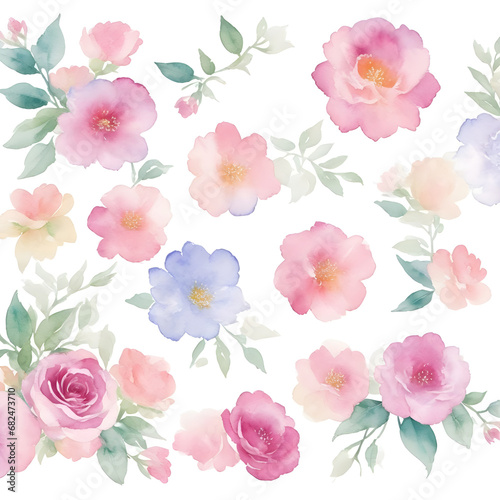 Cute watercolor floral seamless pattern. Colorful floral collection with flowers beautiful bouquet. flowers with pink and blue background. watercolor textured abstract art textile flower design.