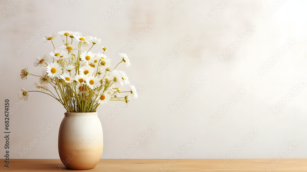 Wooden table with beige clay vase with bouquet of chamomile flowers near empty, blank white wall. Home interior background with copy space Wooden table with beige clay vase with bouquet of chamomile flowers near empty, blank white wall. Home interior background with copy space