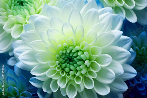 A vivid macro shot of a blue-green chrysanthemum against a colourful summer/spring floral backdrop.