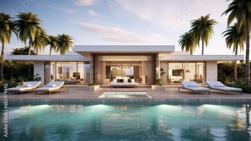 Exterior of modern villa with pool and palm trees © AdriFerrer