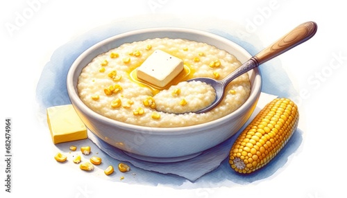 Watercolor of Grits in a bowl, capturing the creamy texture of this Southern breakfast staple with optional garnishes.
