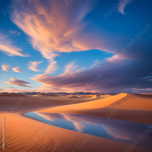Stunning sunrise. Seascape with azure water and purple clouds in reflection. Tourism and recreation. Cloud reflection. Vibrant Colored Sunrise over the ocean with clouds reflecting on the sand.