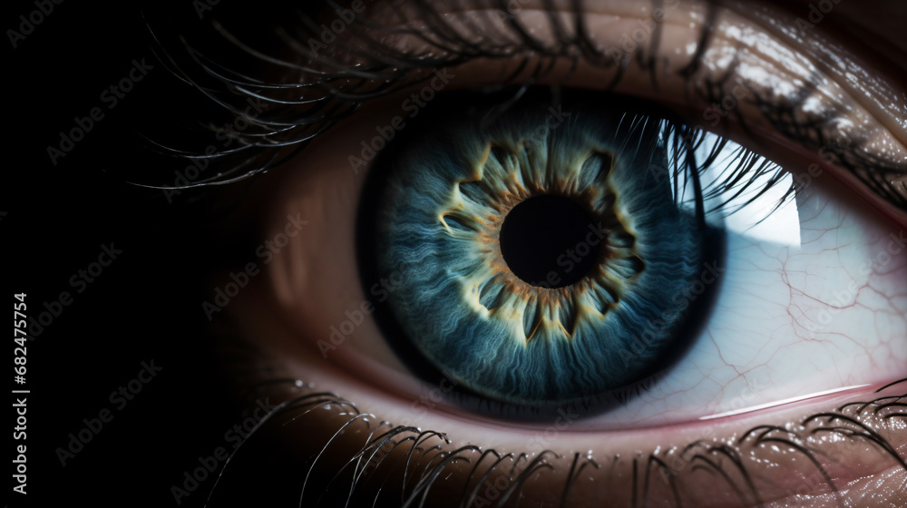 A macro photograph of an eye iris against a dark backdrop.